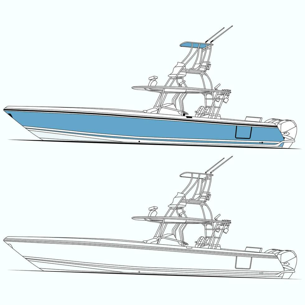 Side view fishing boat vector line art illustration and one color
