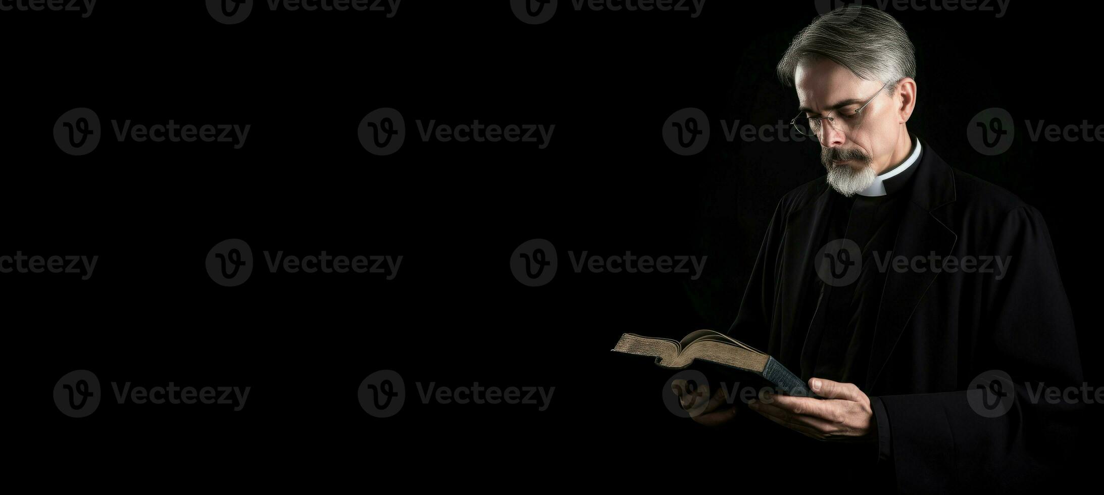 Priest with bible on black banner. Generate Ai photo