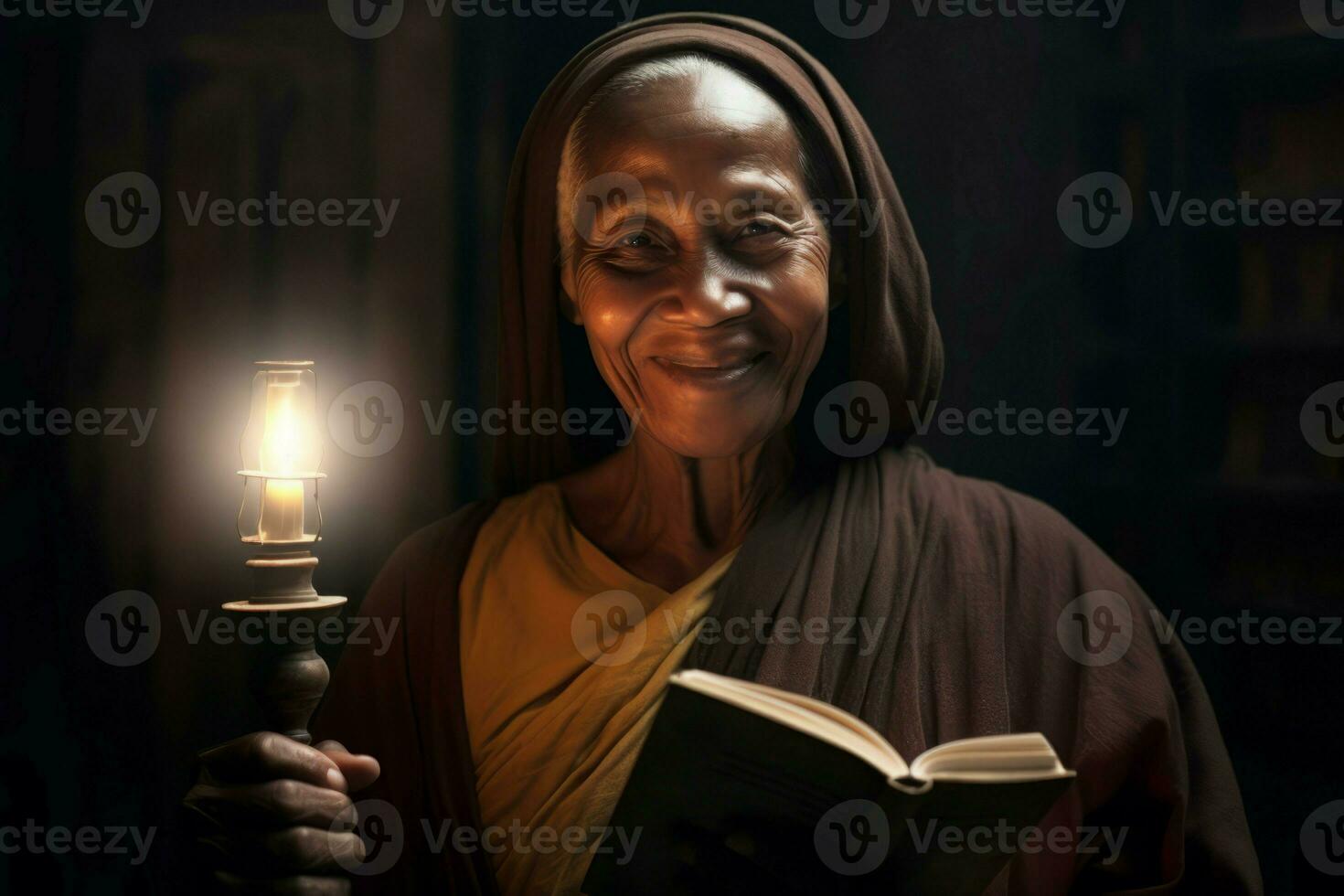 Female monk reading book with lamp. Generate ai photo