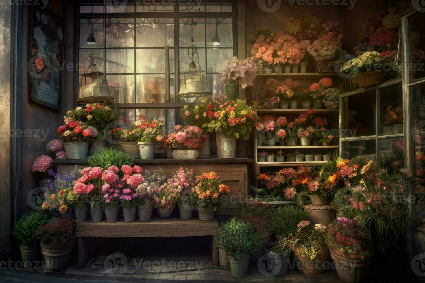 Flower shop stall inside room. Generate Ai photo