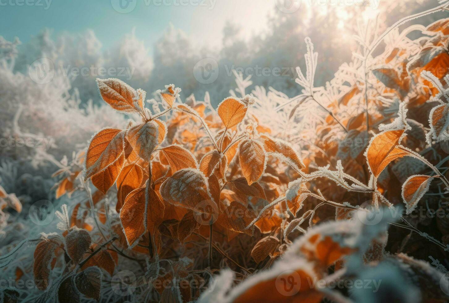 Frozen bright orange leaves. Generate ai photo