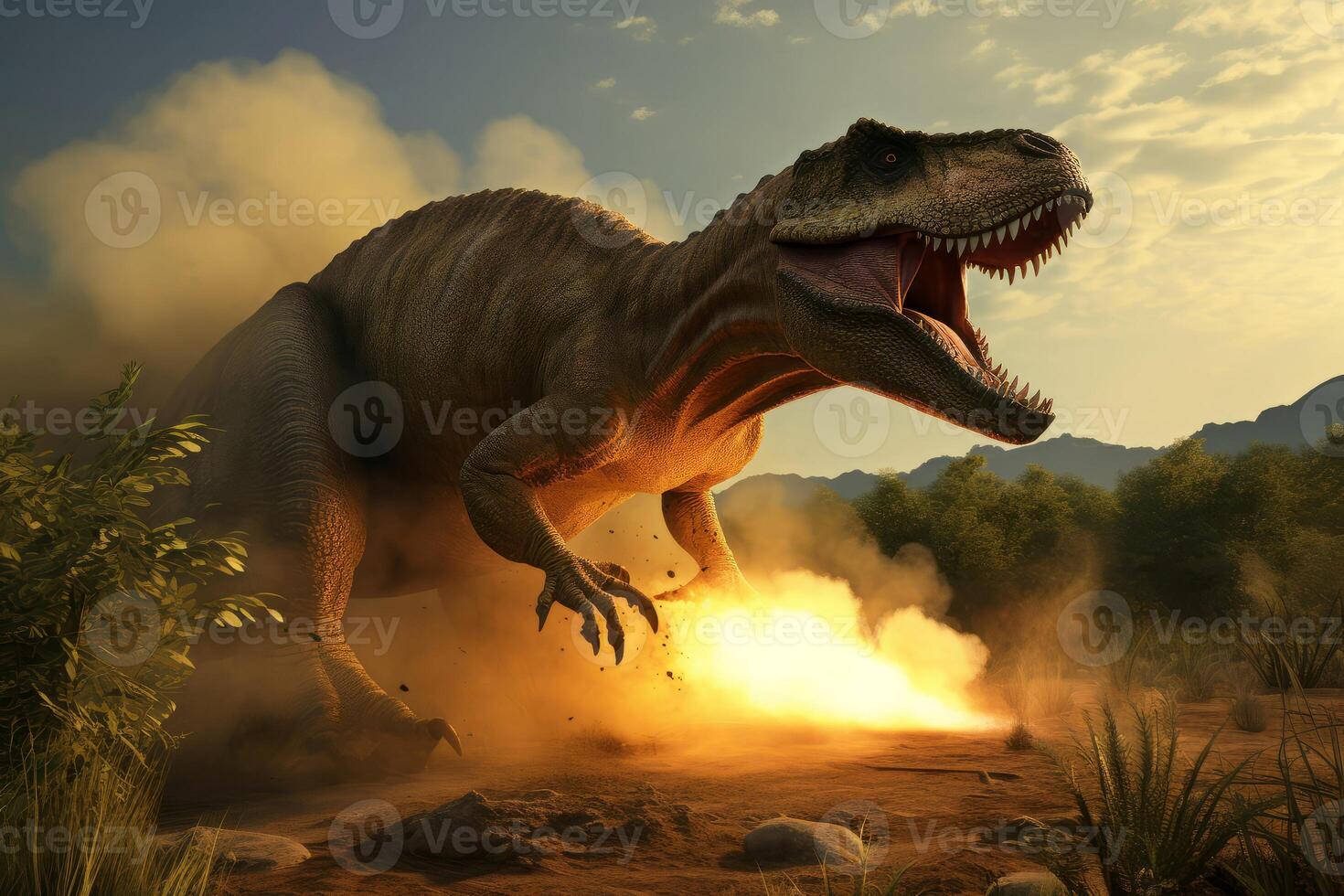 Shooting tyrannosaurus rex animal. Generate ai photo