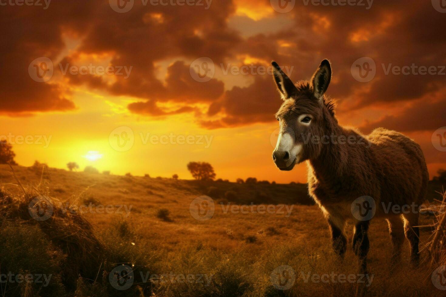 Tranquil Donkey field sunset. Generate Ai photo