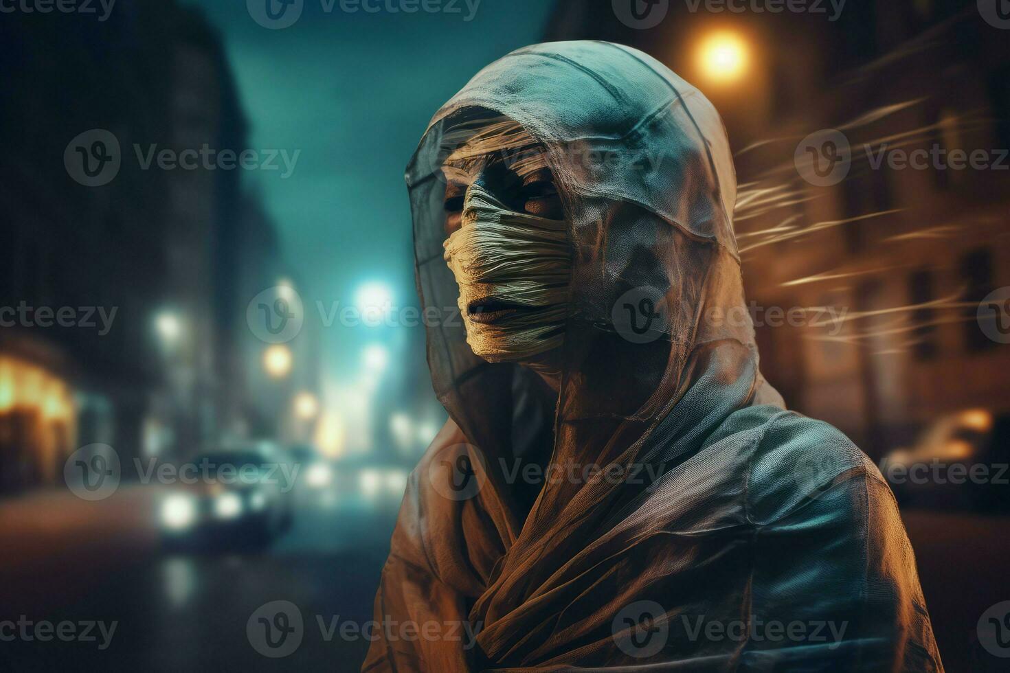 Mummy night street scary portrait. Generate Ai photo