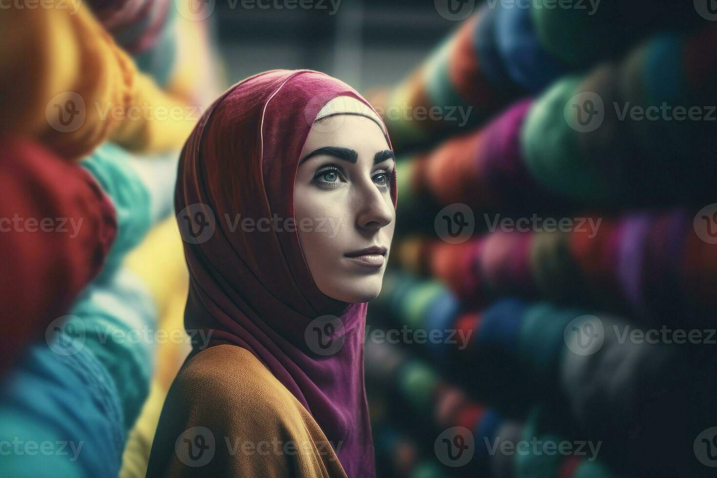 Woman wearing hijab in fabric shop. Generate ai photo