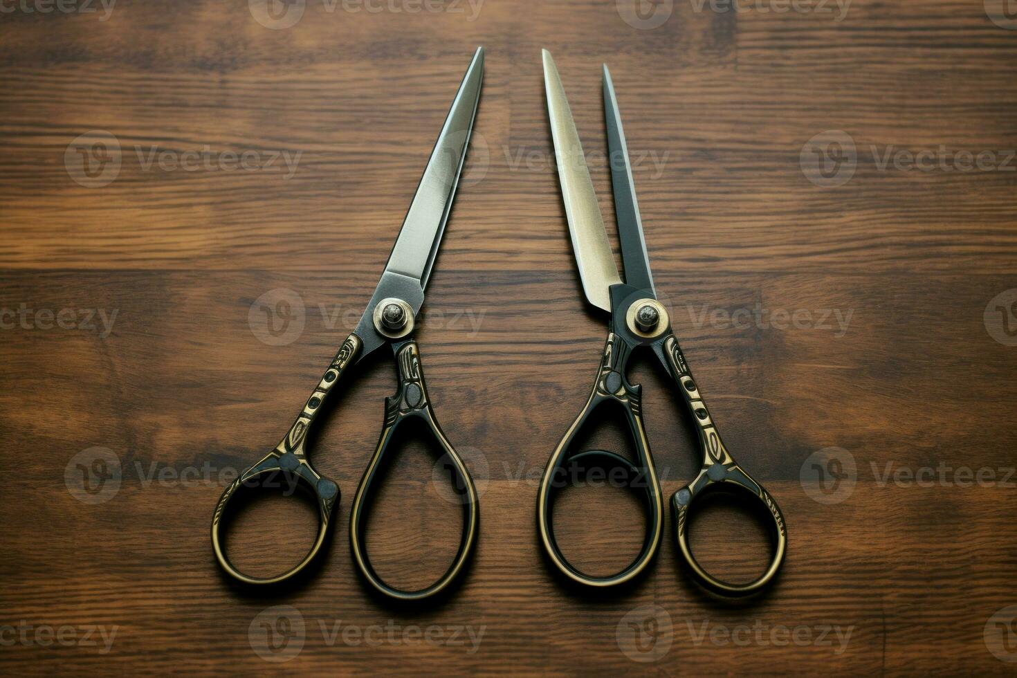 Three professional metal scissors with black handle. Generate Ai photo