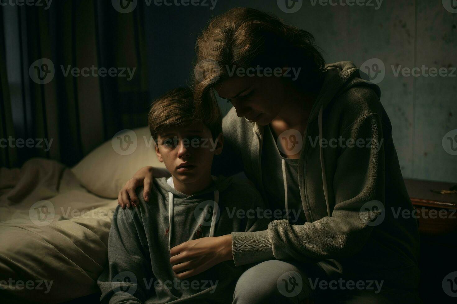 Mother consoling her upset son in bedroom house. Generate Ai photo