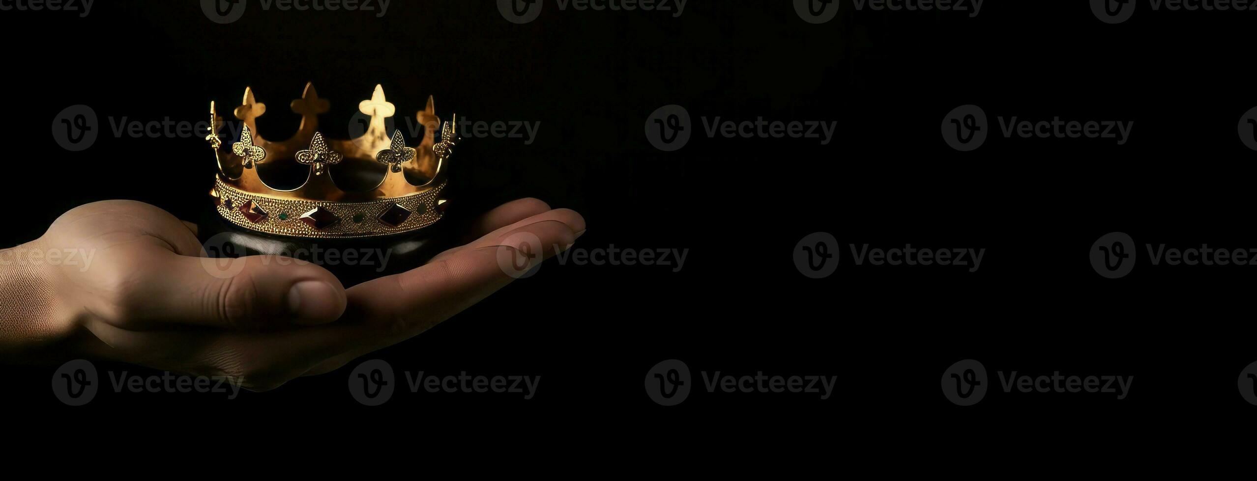 Businessman with golden crown in palm. Generate ai photo