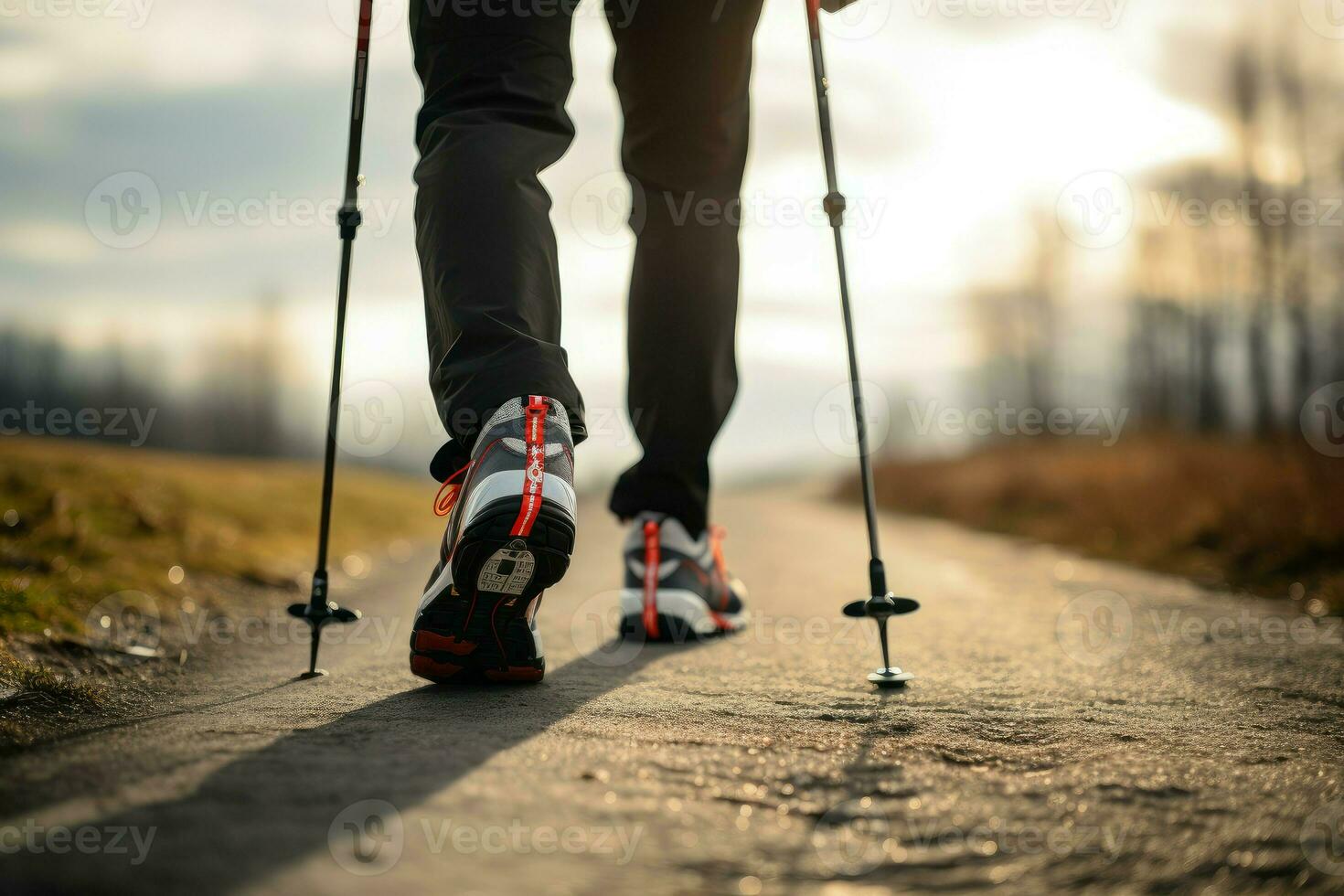 Man practicing nordic walking with poles outdoor road. Generate Ai photo