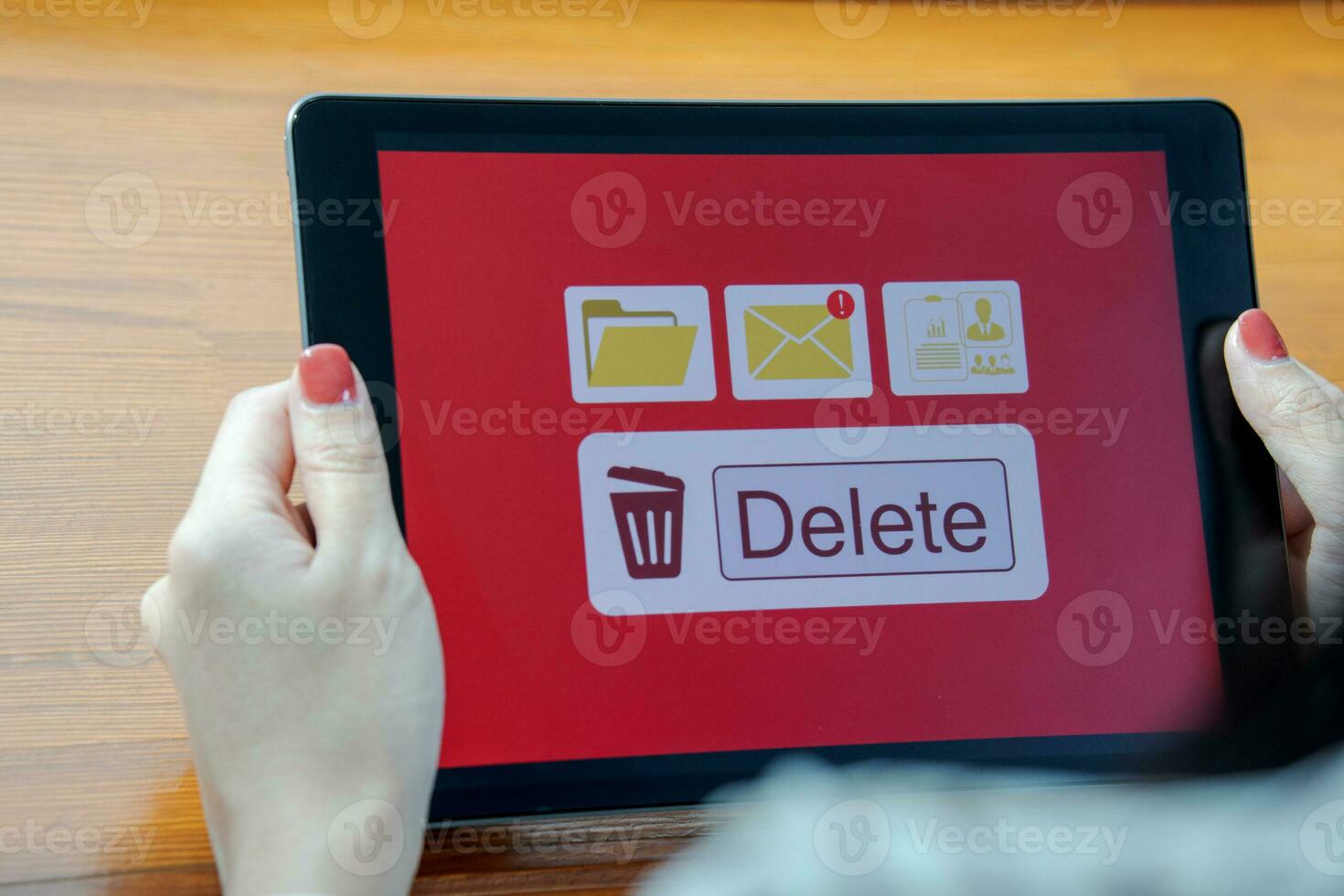 Deleting documents, junk mail, electronic messages or personal information in tablet system. Concepts of technology and document management from online platforms photo