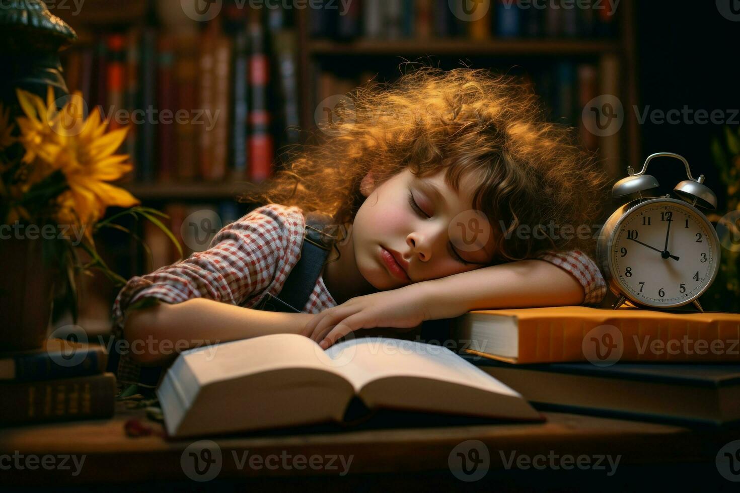 Sleeping little girl tired of doing homework. Generate Ai photo