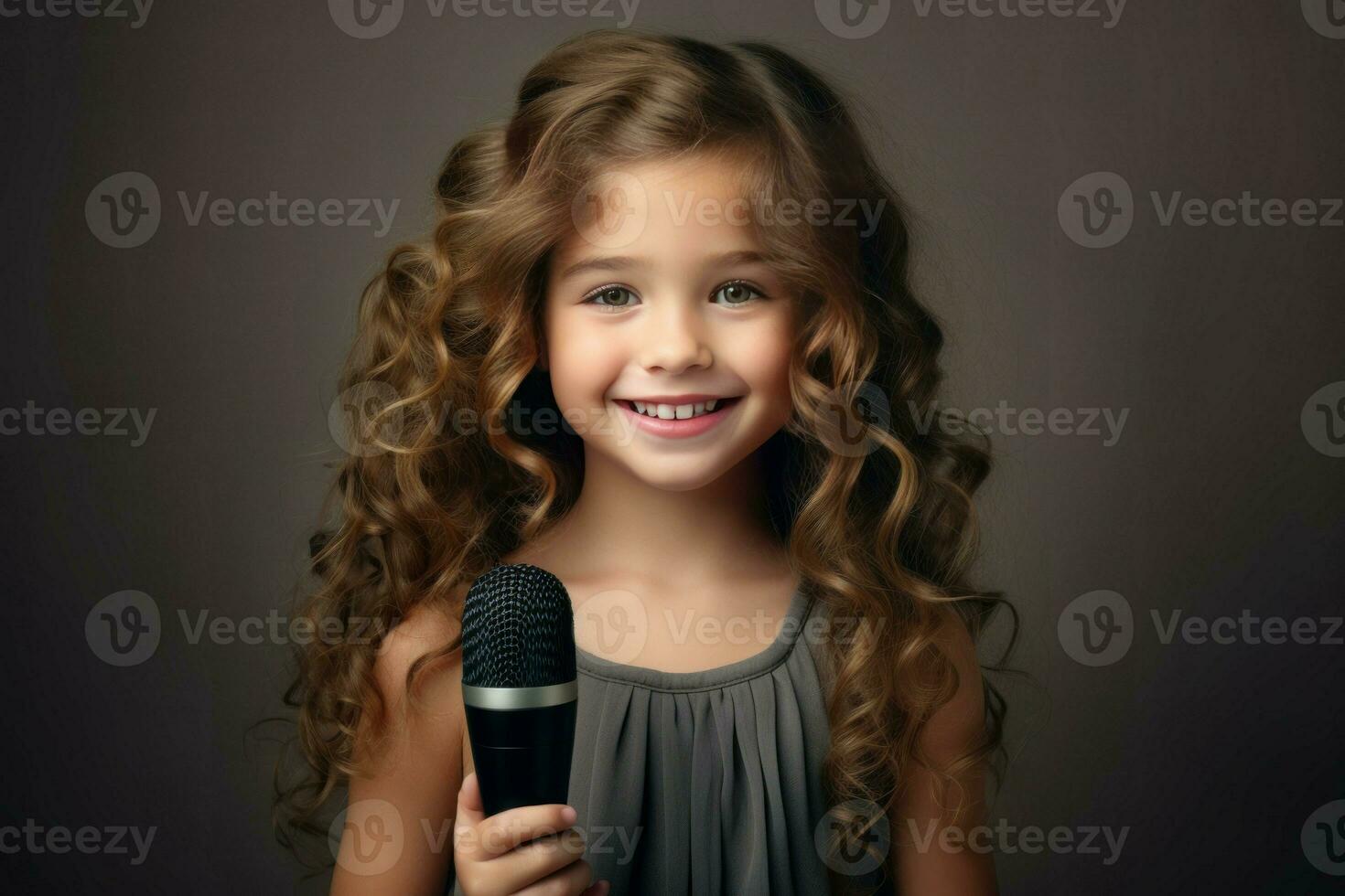 Artistic little girl with microphone studio shot. Generate Ai photo