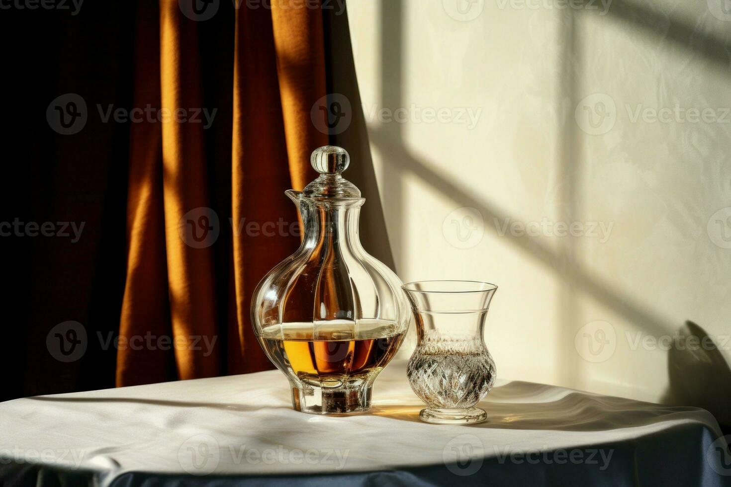 Glass and decanter on table. Generate Ai photo