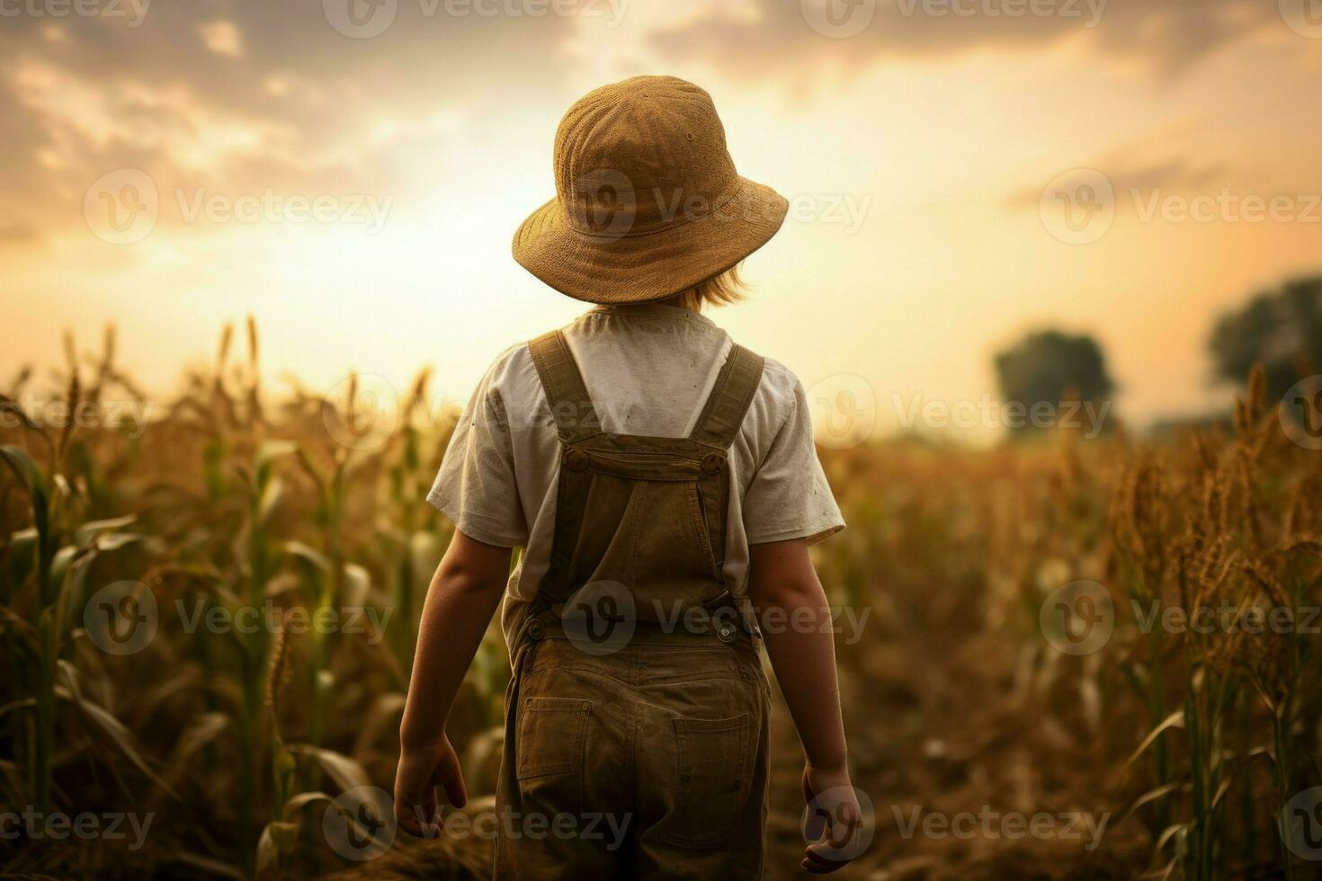 Curious American farmer child boy. Generate Ai photo