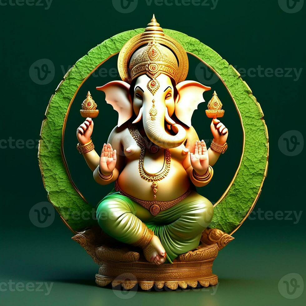 golden-matel-murti-ganesh-inidan-god-night-bhind-and-almp-and-flower-inside-moon-night-shape   AI illustration of Ganesha Hindu God, with flowers, oil painting taken up into heaven, sitting in front photo