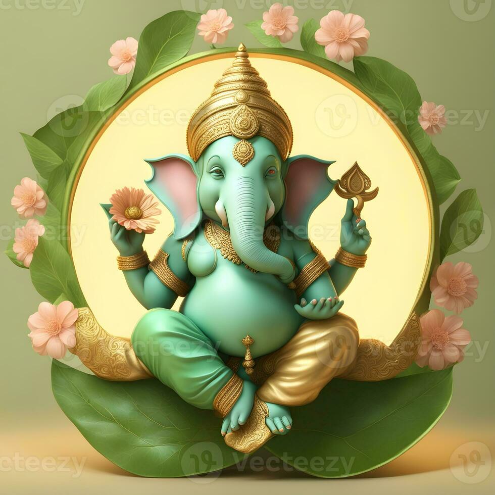 golden-matel-murti-ganesh-inidan-god-night-bhind-and-almp-and-flower-inside-moon-night-shape   AI illustration of Ganesha Hindu God, with flowers, oil painting taken up into heaven, sitting in front photo