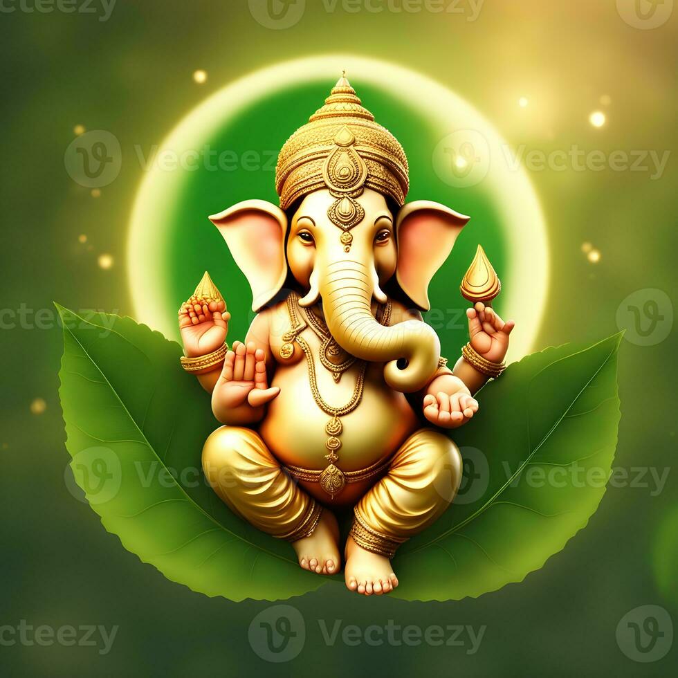 golden-matel-murti-ganesh-inidan-god-night-bhind-and-almp-and-flower-inside-moon-night-shape   AI illustration of Ganesha Hindu God, with flowers, oil painting taken up into heaven, sitting in front photo