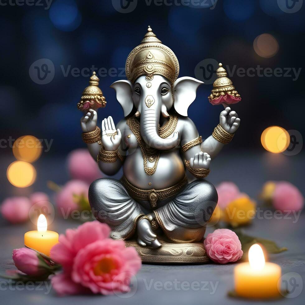 golden-matel-murti-ganesh-inidan-god-night-bhind-and-almp-and-flower-inside-moon-night-shape   AI illustration of Ganesha Hindu God, with flowers, oil painting taken up into heaven, sitting in front photo