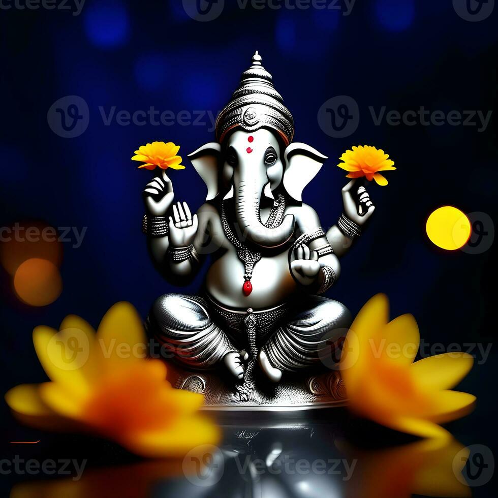 golden-matel-murti-ganesh-inidan-god-night-bhind-and-almp-and-flower-inside-moon-night-shape   AI illustration of Ganesha Hindu God, with flowers, oil painting taken up into heaven, sitting in front photo