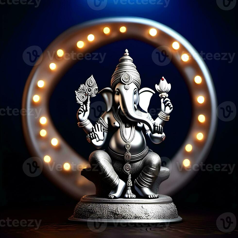golden-matel-murti-ganesh-inidan-god-night-bhind-and-almp-and-flower-inside-moon-night-shape   AI illustration of Ganesha Hindu God, with flowers, oil painting taken up into heaven, sitting in front photo