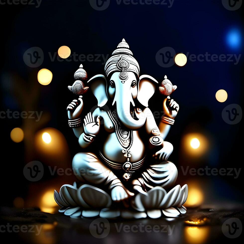 golden-matel-murti-ganesh-inidan-god-night-bhind-and-almp-and-flower-inside-moon-night-shape   AI illustration of Ganesha Hindu God, with flowers, oil painting taken up into heaven, sitting in front photo