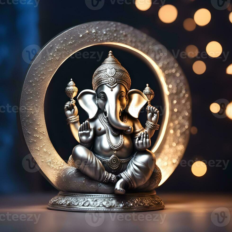 golden-matel-murti-ganesh-inidan-god-night-bhind-and-almp-and-flower-inside-moon-night-shape   AI illustration of Ganesha Hindu God, with flowers, oil painting taken up into heaven, sitting in front photo