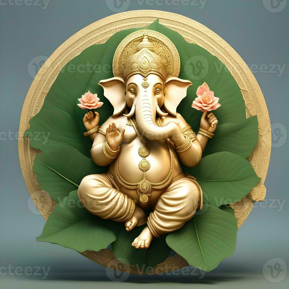 golden-matel-murti-ganesh-inidan-god-night-bhind-and-almp-and-flower-inside-moon-night-shape   AI illustration of Ganesha Hindu God, with flowers, oil painting taken up into heaven, sitting in front photo