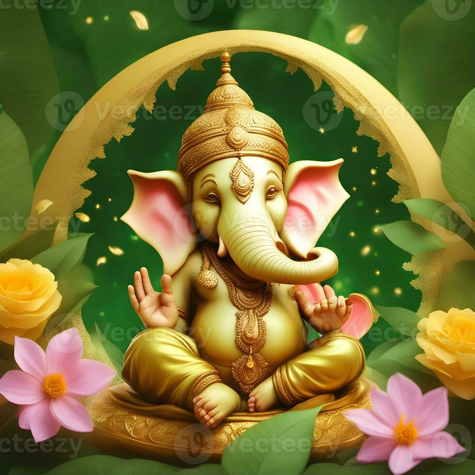 golden-matel-murti-ganesh-inidan-god-night-bhind-and-almp-and-flower-inside-moon-night-shape   AI illustration of Ganesha Hindu God, with flowers, oil painting taken up into heaven, sitting in front photo