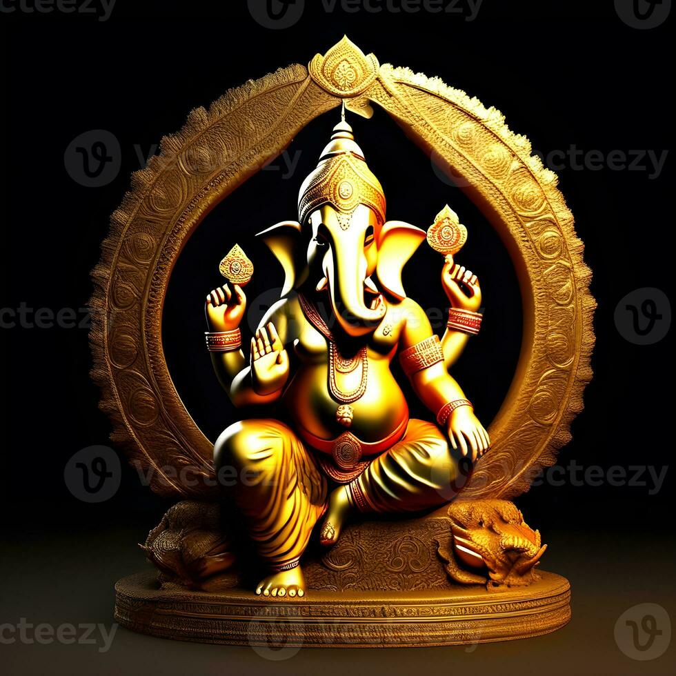 golden-matel-murti-ganesh-inidan-god-night-bhind-and-almp-and-flower-inside-moon-night-shape   AI illustration of Ganesha Hindu God, with flowers, oil painting taken up into heaven, sitting in front photo