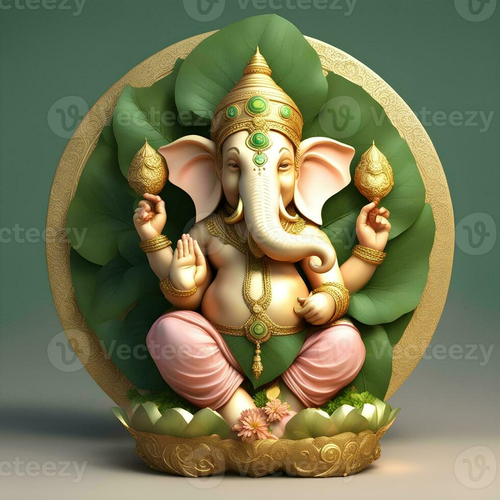 golden-matel-murti-ganesh-inidan-god-night-bhind-and-almp-and-flower-inside-moon-night-shape   AI illustration of Ganesha Hindu God, with flowers, oil painting taken up into heaven, sitting in front photo