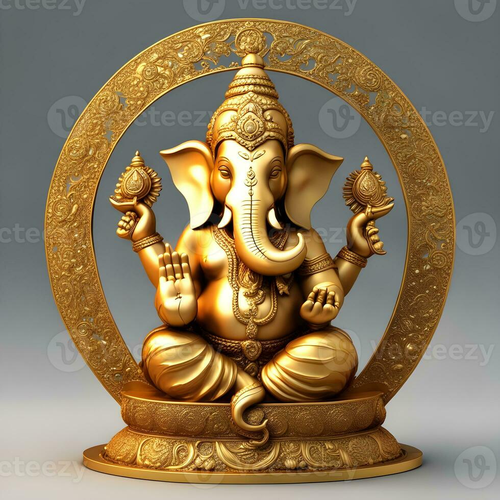 golden-matel-murti-ganesh-inidan-god-night-bhind-and-almp-and-flower-inside-moon-night-shape   AI illustration of Ganesha Hindu God, with flowers, oil painting taken up into heaven, sitting in front photo