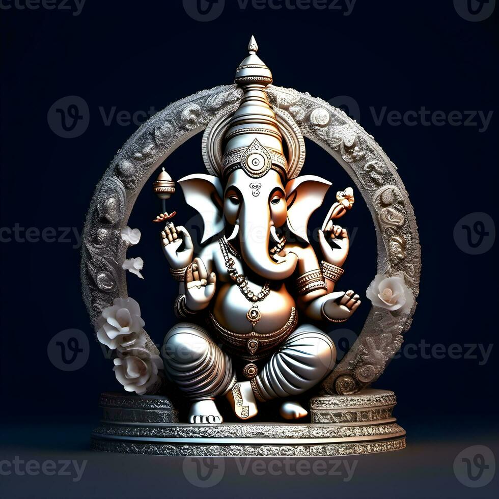 golden-matel-murti-ganesh-inidan-god-night-bhind-and-almp-and-flower-inside-moon-night-shape   AI illustration of Ganesha Hindu God, with flowers, oil painting taken up into heaven, sitting in front photo