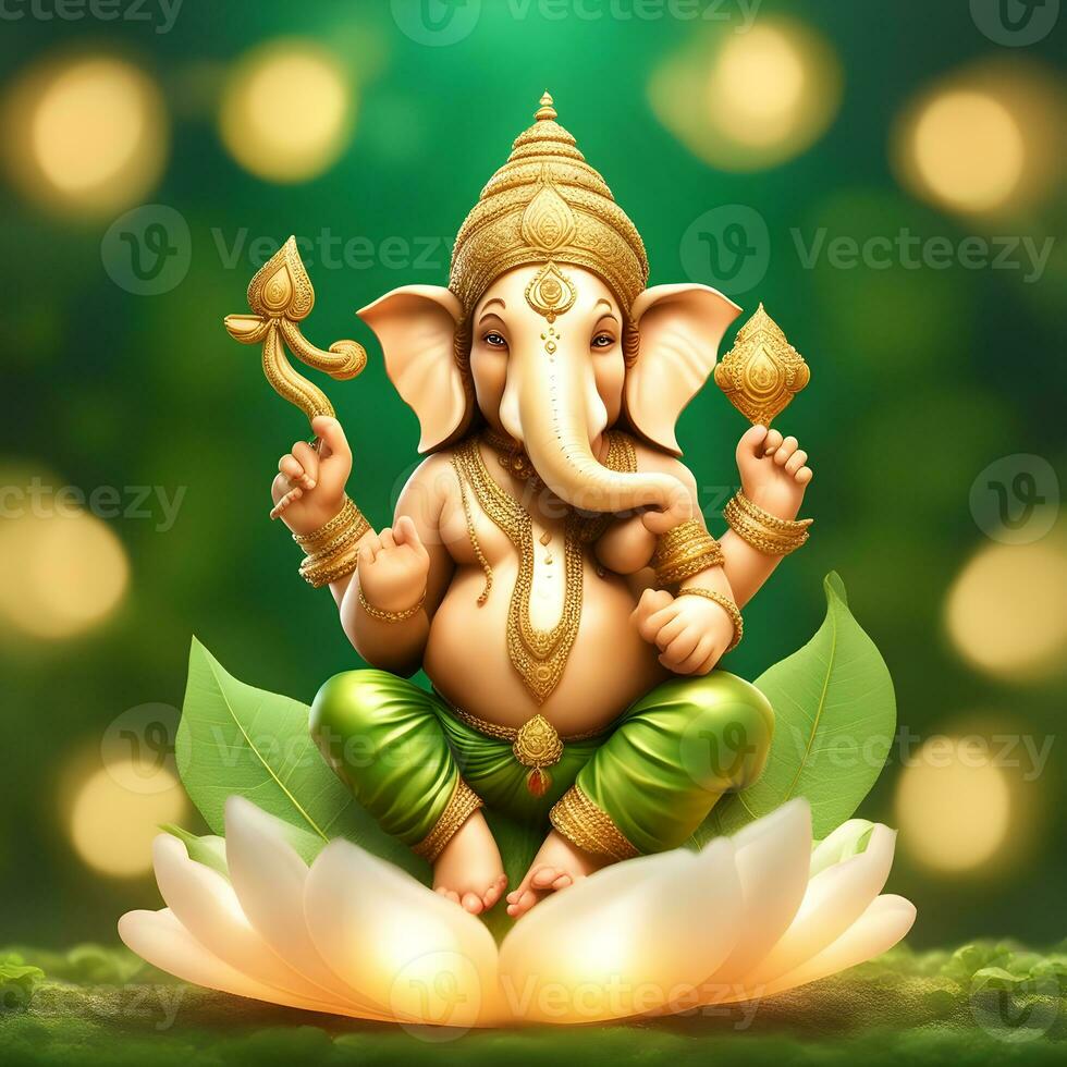 golden-matel-murti-ganesh-inidan-god-night-bhind-and-almp-and-flower-inside-moon-night-shape   AI illustration of Ganesha Hindu God, with flowers, oil painting taken up into heaven, sitting in front photo