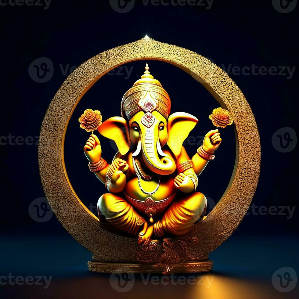 golden-matel-murti-ganesh-inidan-noche-del-dios-bhind-y-almp-y-flor-dentro-de-la-noche-de-la-luna ai ilustración de ganesha hindú dios, con flores, petróleo pintura tomado arriba dentro cielo, sentado en frente foto