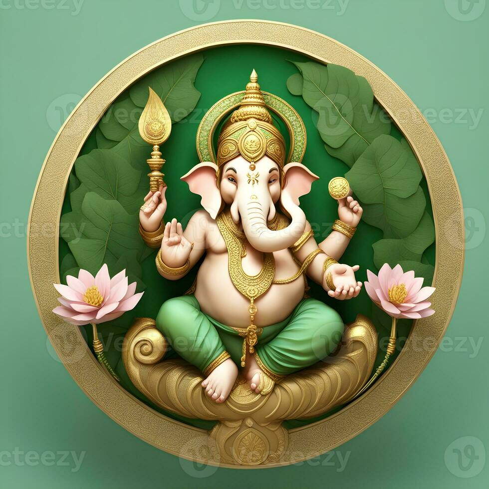 golden-matel-murti-ganesh-inidan-god-night-bhind-and-almp-and-flower-inside-moon-night-shape   AI illustration of Ganesha Hindu God, with flowers, oil painting taken up into heaven, sitting in front photo