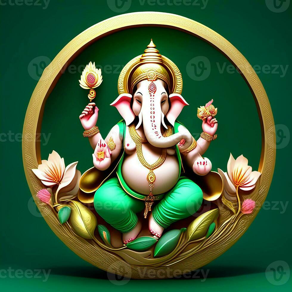 golden-matel-murti-ganesh-inidan-god-night-bhind-and-almp-and-flower-inside-moon-night-shape   AI illustration of Ganesha Hindu God, with flowers, oil painting taken up into heaven, sitting in front photo