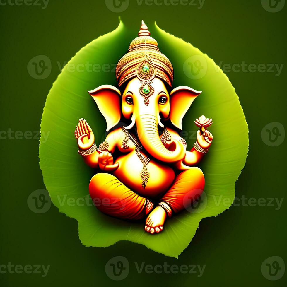 golden-matel-murti-ganesh-inidan-god-night-bhind-and-almp-and-flower-inside-moon-night-shape   AI illustration of Ganesha Hindu God, with flowers, oil painting taken up into heaven, sitting in front photo