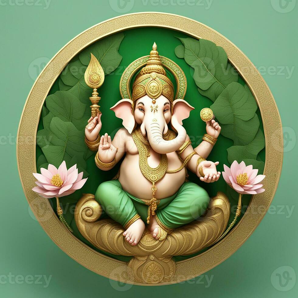 golden-matel-murti-ganesh-inidan-god-night-bhind-and-almp-and-flower-inside-moon-night-shape   AI illustration of Ganesha Hindu God, with flowers, oil painting taken up into heaven, sitting in front photo