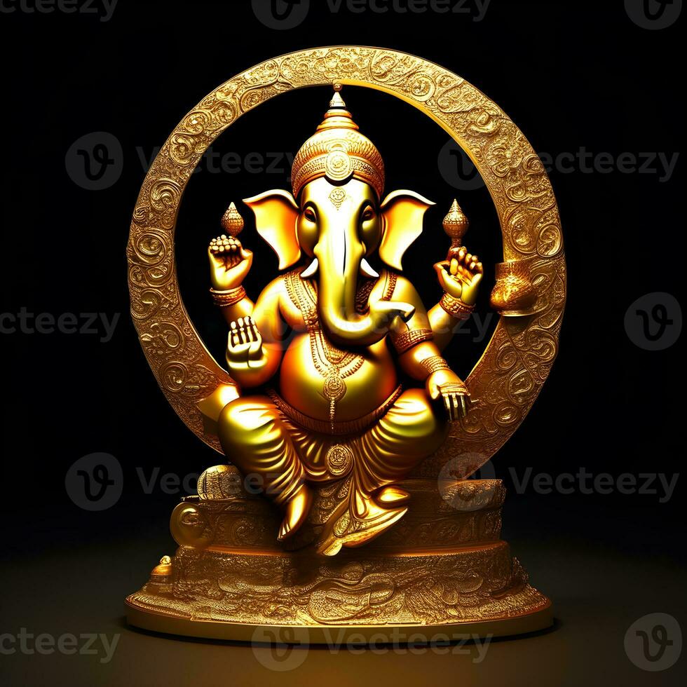 golden-matel-murti-ganesh-inidan-god-night-bhind-and-almp-and-flower-inside-moon-night-shape   AI illustration of Ganesha Hindu God, with flowers, oil painting taken up into heaven, sitting in front photo