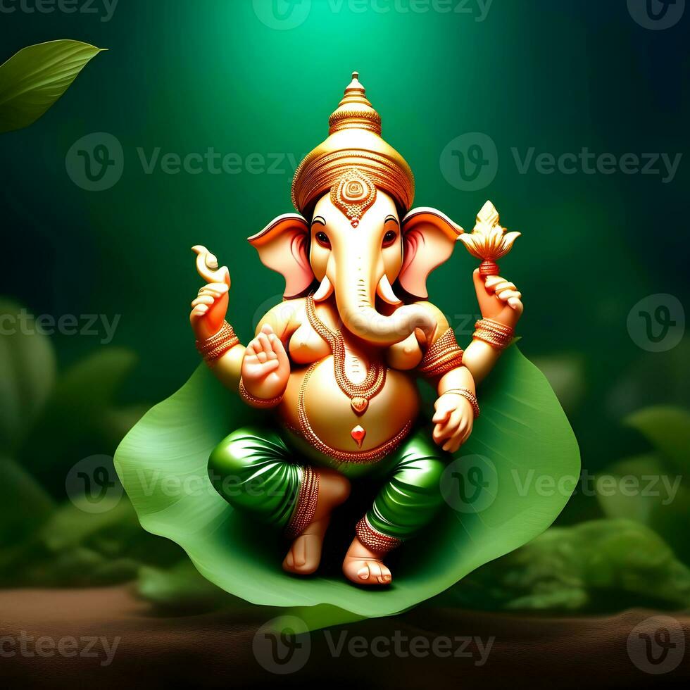 golden-matel-murti-ganesh-inidan-god-night-bhind-and-almp-and-flower-inside-moon-night-shape   AI illustration of Ganesha Hindu God, with flowers, oil painting taken up into heaven, sitting in front photo