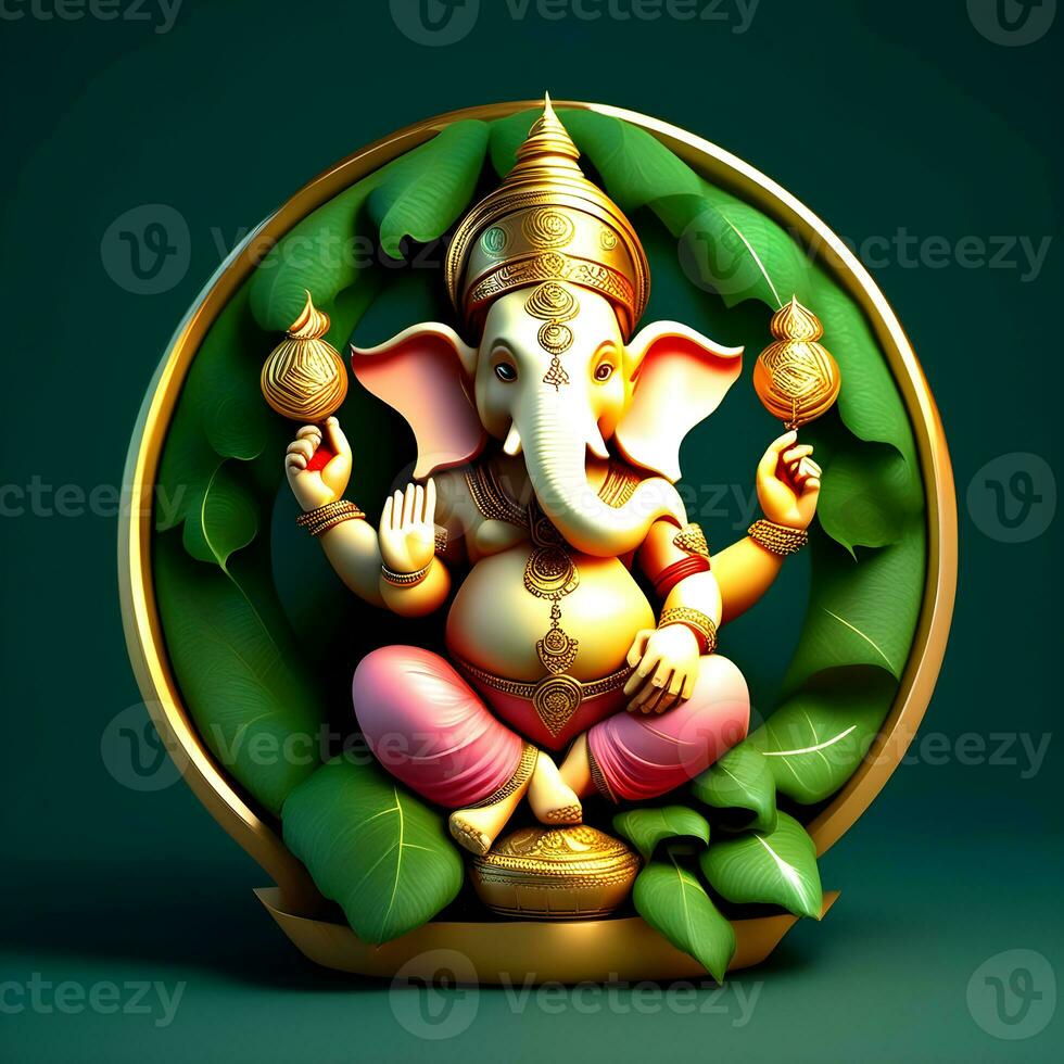 golden-matel-murti-ganesh-inidan-god-night-bhind-and-almp-and-flower-inside-moon-night-shape   AI illustration of Ganesha Hindu God, with flowers, oil painting taken up into heaven, sitting in front photo