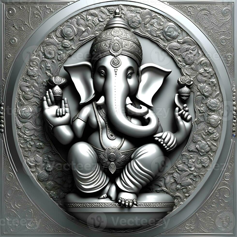 golden-matel-murti-ganesh-inidan-god-night-bhind-and-almp-and-flower-inside-moon-night-shape   AI illustration of Ganesha Hindu God, with flowers, oil painting taken up into heaven, sitting in front photo