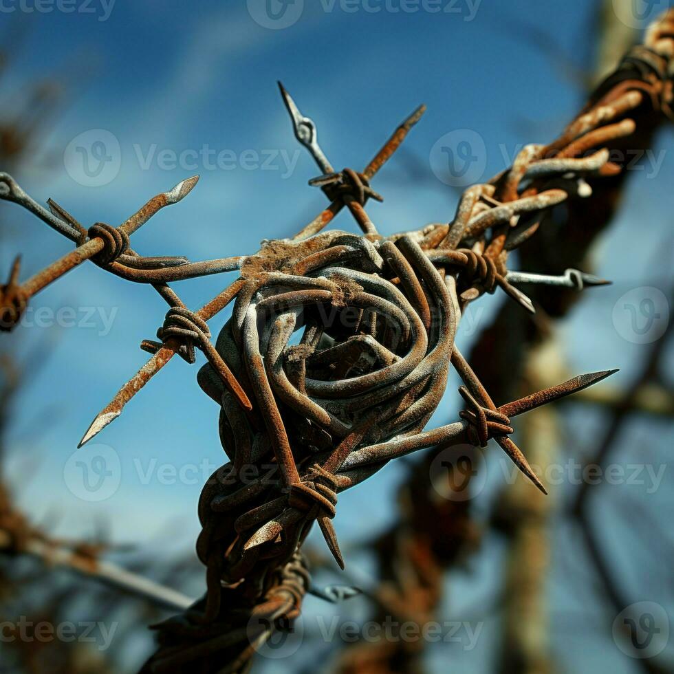 Intimidating Barbed wire field closeup. Generate Ai photo