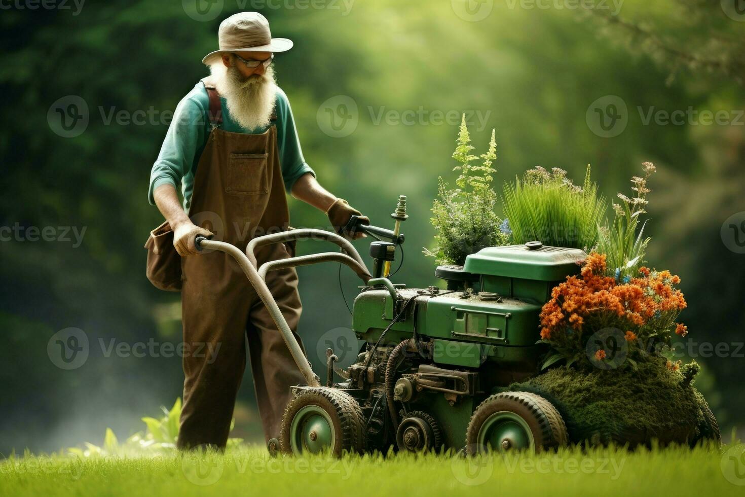 Meticulous Gardener mowing grass. Generate Ai photo