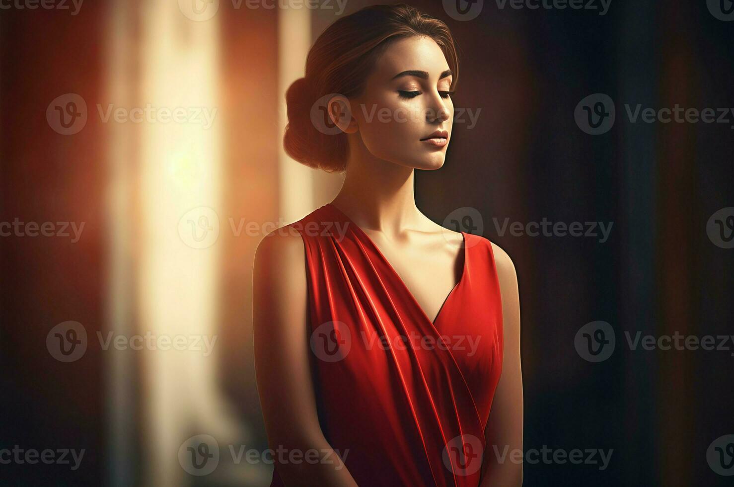 Woman wearing red elegant dress. Generate ai photo