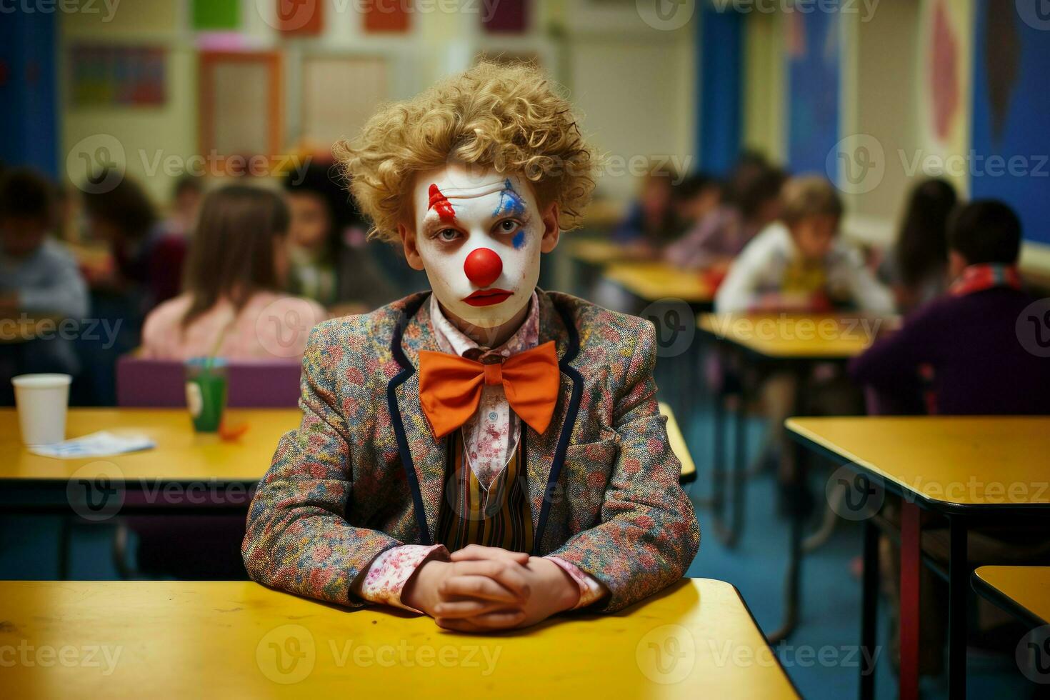 Boy clown at school stage makeup. Generate Ai photo