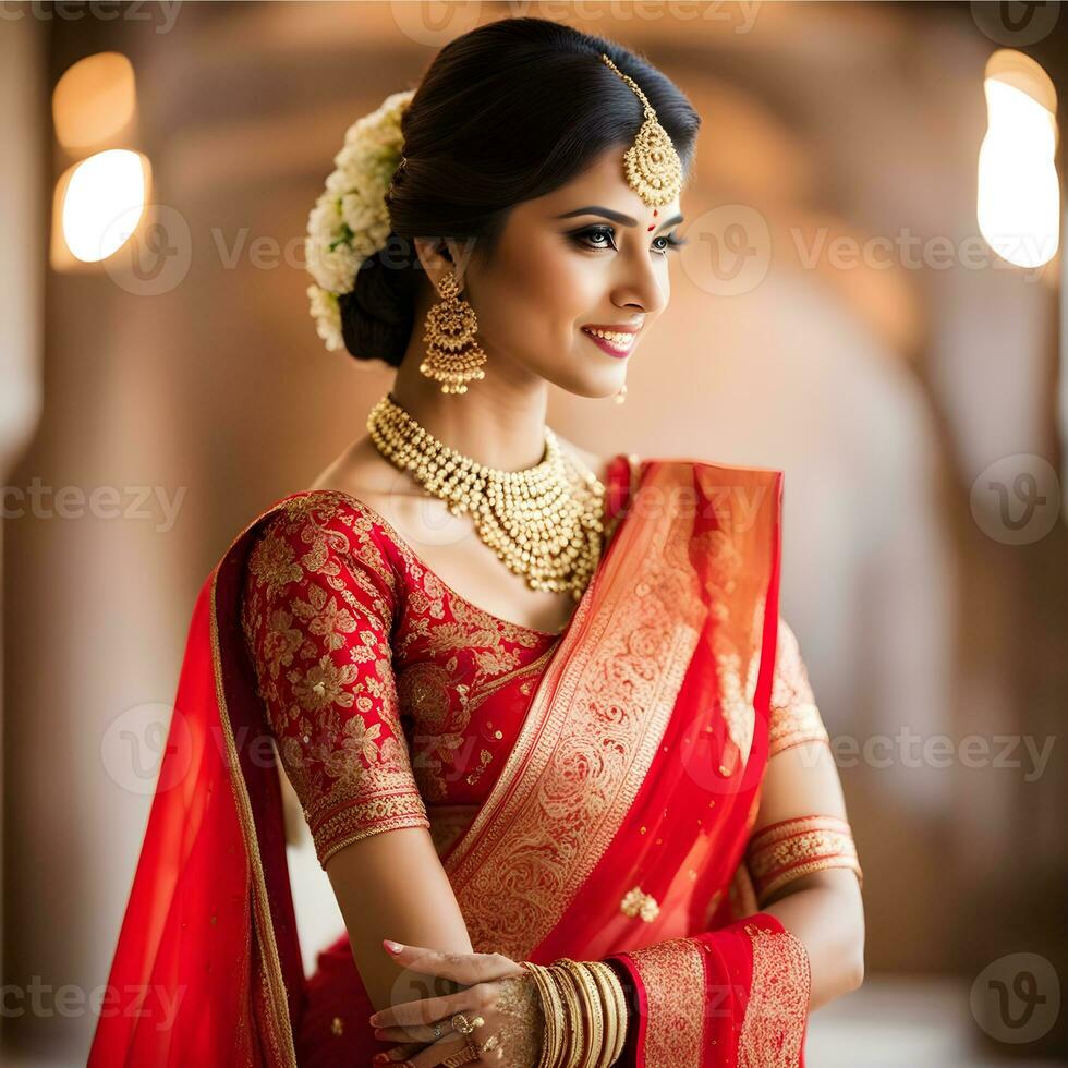 Beautiful Indian Bride in red lehenga looking at the camera, Traditional Indian Wedding, Generative AI photo