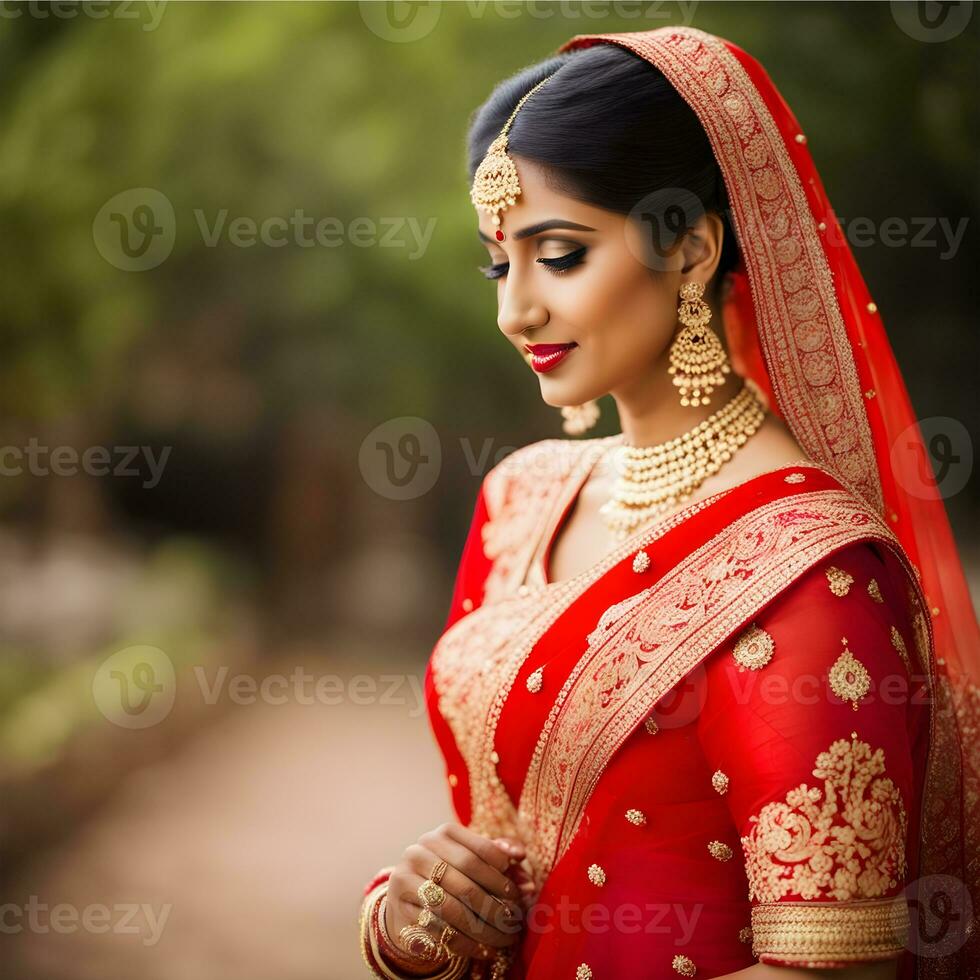 hermosa indio novia en rojo lehenga mirando a el cámara, tradicional indio boda, generativo ai foto