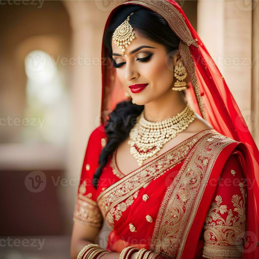 Beautiful Indian Bride in red lehenga looking at the camera, Traditional Indian Wedding, Generative AI photo