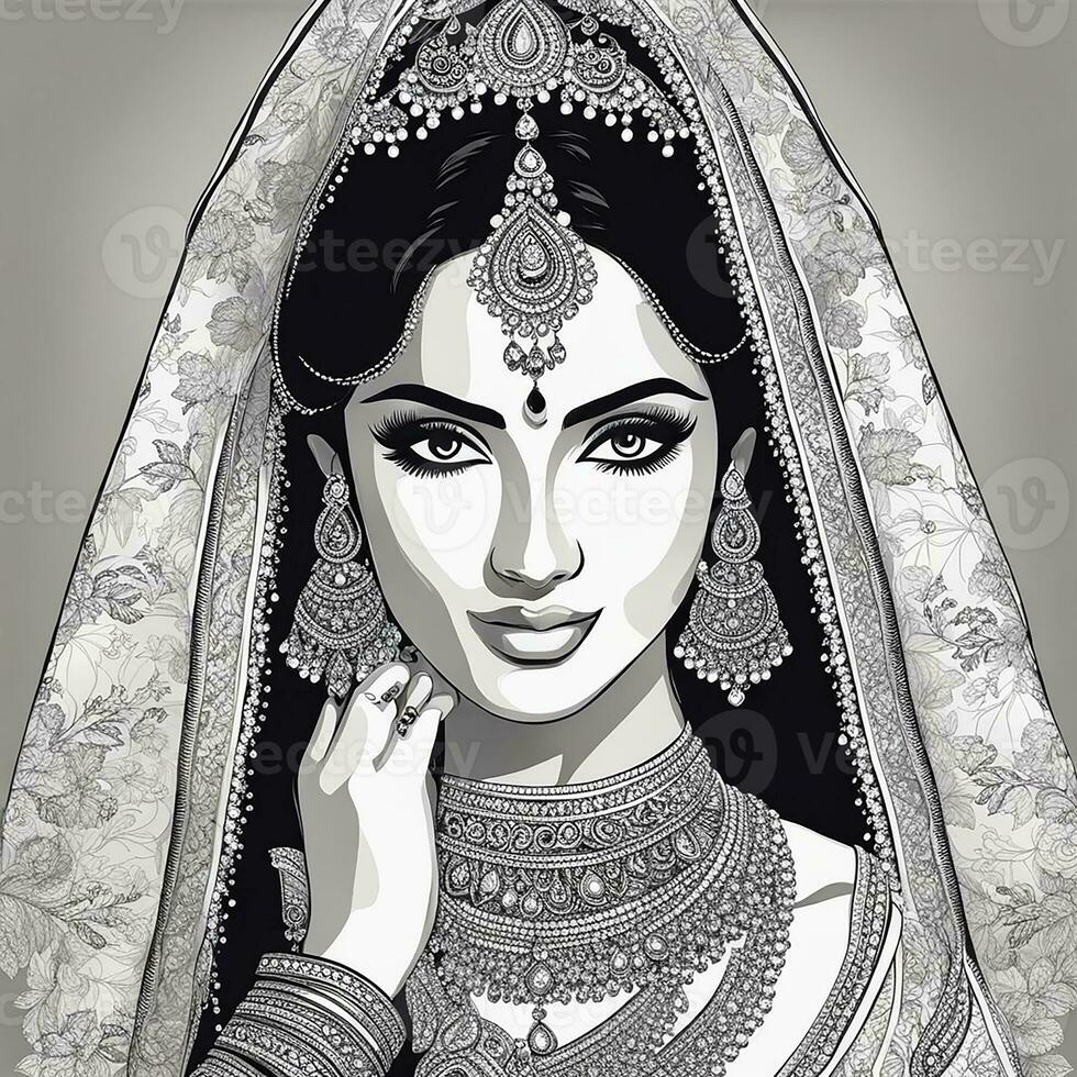 Beautiful Indian Bride in red lehenga looking at the camera, Traditional Indian Wedding, Generative AI photo